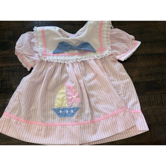 Vintage Pink Striped Baby Girl Dress Sail Boat Size 6-9 Months - Picture 1 of 7